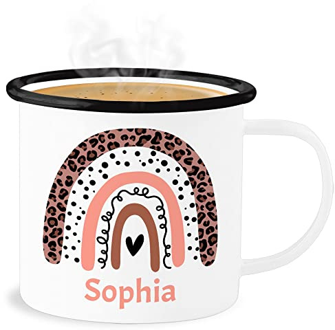 Emaille Becher Blechbecher - Boho - Regenbogen - Name pointilliert Leo - 300 ml - Weiß Schwarz - trinktasse kinder bohemian chic stil tasse kaffeetasse individuell regenbogen1 tassen bedrucken
