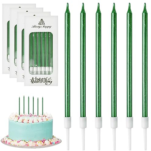 DONQL Geburtstagskerzen Für Torte, 24 Stück Kerzen Geburtstag (Grün) | Dünn und Lang, Geruchsfrei, Mit Ständer, Ideal für Geburtstage, Hochzeitsfeiern, Brautduschen, Babyduschen uvm