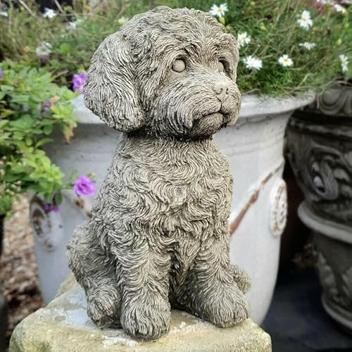 Statuette en pierre Labradoodle | Décoration de jardin en pierre pour chien chiot