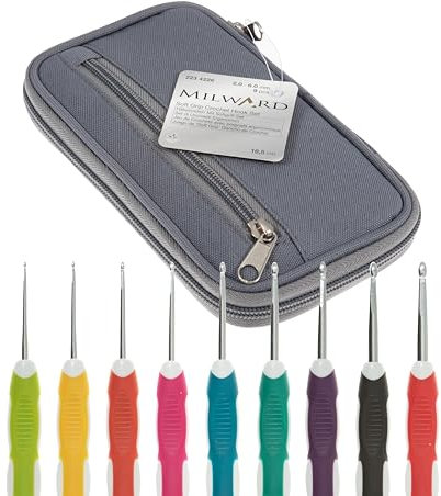 Milward Häkelnadel-Set, weiche Griffe, farbkodierte Griffe, 2, 2,5, 3,5, 4, 4,5, 5,5 und 6 mm, 100% Baumwolle, Hartschale, mit Reißverschluss, Grau, sortiert