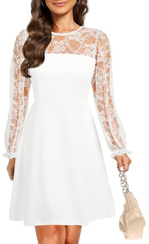 Holipick White Long Sleeve Dress Lace Bridal Shower Engagement Rehearsal Graduation Church A line Short Dresses Women L