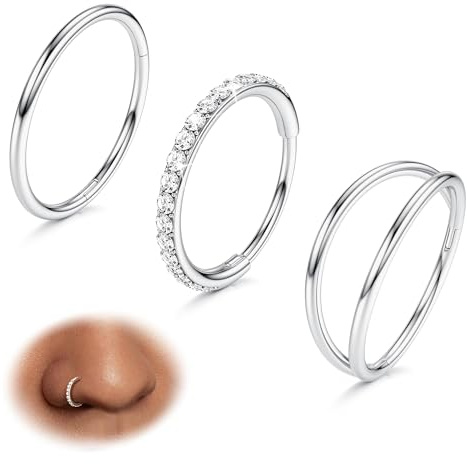 Diamday 3pcs Nose Rings Hoop 316L Surgical Steel Double Hoop Nose Rings 18G Hinged CZ Conch Piercing Jewelry Septum Clicker Lip Rings Cartilage Earring Helix Rook Tragus Daith Silver 8mm