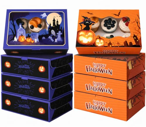 VGOODALL 6 Count Cupcake Boxes,8 Sets Halloween Cupcake Containers with Window for Birthday Holiday Bakery Supplies Halloween Party Decorations 9.5x6.3x3
