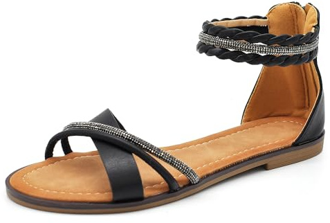 IF Fashion Scarpe Sandali Bassi Estivi da Donna Con Fasce Cinturino Strass Brillantini 6W9110 nero N.38