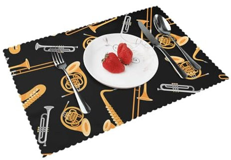 Saxophon Posaune Musik Schwarz,Tischsets, 4er Set, waschbar, Platzsets für Esstisch, hitzebeständig, Tablettmatten, 30x45 cm