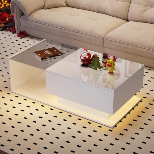 PUGSDRLY Table Basse, Table Basse Salon Moderne,avec 1 Tiroir et éclairage LED,Table de Salon avec Plateau en Verre,100x50x32 cm (Style 1, Blanc)