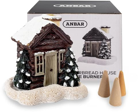 Anbar Backflow Incense Cone Burner Log Cabin, Gingerbread House, Christmas, Fall, Winter, Seasonal, and Holiday Home Decor, Decorative Living Room, Bedroom, or Kitchen Ornament (Winter Log Cabin)