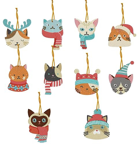 RuiDay 5/6 Stück Weihnachtsbaum-Anhänger, 5D-Diamant-Zeichnung, DIY, Weihnachtsbaum-Hängeornament, spezielle Form, Diamant-Weihnachtsbaum-Anhänger, Dekoration (Cartoon-Tiere, 10 Stück)