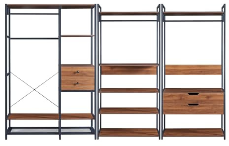 [en.casa] Set di 3 Mobili Organizzatori Guardaroba con Barre Appendiabiti Ripiani e 4 Cassetti Mobili Porta Abiti per Camera da Letto Cabina Armadio - Nero/Effetto Noce