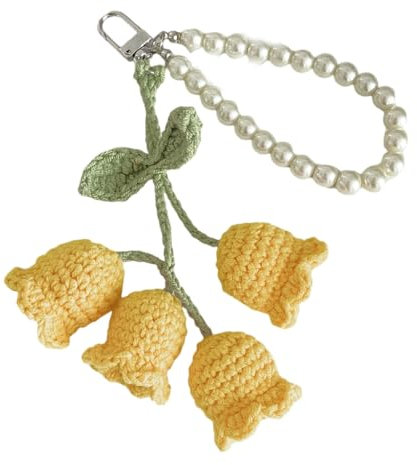 Xchon Gestrickter Schlüsselanhänger, gehäkelte Blume, einzigartige Perlenkette, Schlüsselanhänger, bunt, gestrickt, Taschenanhänger, Accessoire für Mode-Liebhaber, gelb