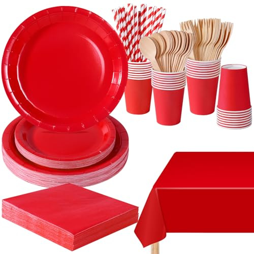 PYAILI Juego Vajilla Fiesta Rojo 169 Piezas para Cumpleaños