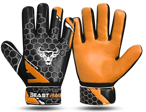 BEAST RAGE Fotbollsmålvaktshandskar för pojkar, barn, ungdomar, fotbollsmålvaktshandskar med starkt grepp för de tuffaste rädden, handledsstöd 4MM latexhandflata (orange, storlek 8 (M/L))