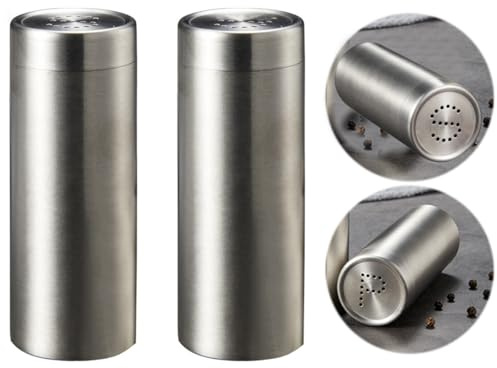Paquete de 2 saleros y pimenteros, salero y pimentero de 3 onzas, tarros de especias de acero inoxidable, dispensador de condimentos para sal, azúcar, especias y pimienta (plateado, grande)