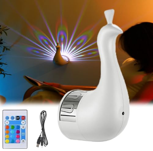 Yagerod Peacock Wall Light Set - 2pcs Projector Lamp, USB Rechargeable Night Light, 7 Color Desk Lamp With Remote Control for Home Decoration (White)