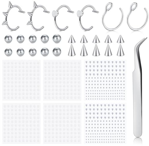 FloralGrace 13 Pezzi Set di Piercing Finti, Incluso Anello Piercing nasale in Acciaio Inossidabile, Falso Piercing labiale, Anello nasale, Septum, Perfetto per un'applicazione Semplice e Uno Styling