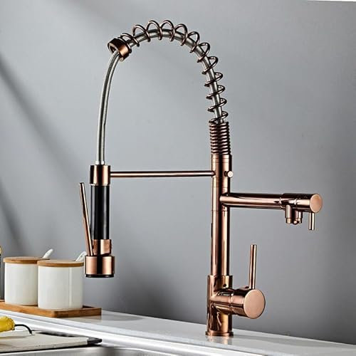 Kitchen Tap Spring Kitchen Mixer Taps 1 Hole Pull Out Spray, Kitchen Sink Tap with Two Spouts 360° Swivel Single Lever Mixer Tap Rose Gold
