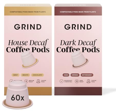 Grind Decaf Variety Pack – Pack of 60 Biodegradable Pods – House & Dark Decaf Blend – 100% Arabica – Nespresso® Original Compatible – Home Compostable Capsules – Barista Quality – Gift Set