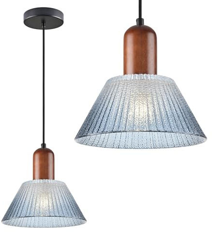 KCO Belysning blått glas hängande belysning mitten av århundradet modern hängande ljusarmatur ribbad glas taklampa liten pendellampa vintage retro kök belysningsarmaturer tak