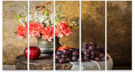islandburner Tableau sur toile Bouquet de fleurs avec pommes et raisins sur table en bois Tableau mural Poster