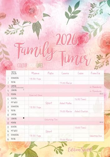 Edition Seidel Premium Familienplaner Colour your life XL 2026 Familienkalender Familientimer Familien Kalender Wandkalender DIN A3 5 Spalten (Flowers/Blumen)