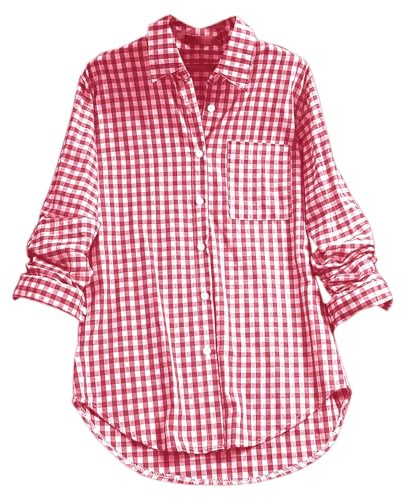 EQWIGKEIT Blusa tradicional para mujer, a cuadros, tallas grandes, color rojo/blanco, camisa a cuadros, manga larga, elegante, informal, cuello en V, Oktoberfest