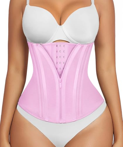 SHAPERX Waist Trainer for Women Underbust Corset Shapewear Tummy Control Workout Waist Cincher Body Shaper Zipper and Hooks, UK-SZ7310-Pink-L