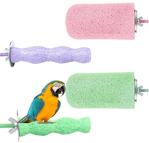 4 Stück Vogel Sitzstangen, Vogelstange für Papageien Schleifstein Vogelschnabel Papageien Sitzstange für Kakatoo, Lorikeet, Kakadus 3 Farben (Lila Rosa Grün)
