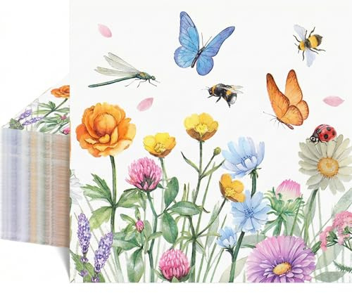 Blumen Servietten 40 Stück Schmetterling Motiv für Tischdeko Frühling, Bunte Papiertücher im Format 16,5x16,5 cm für Sommer Gartenparty und Elegante Festliche Anlässe