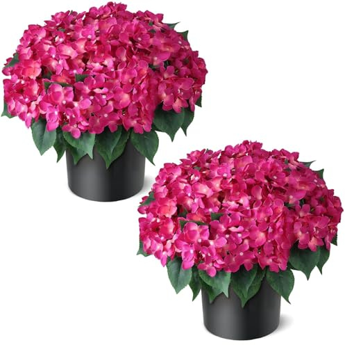 FOTEEWL Artificial Hydrangea Flower Topiary Trees - 2 Sets Faux Silk Flower Potted Plant, UV Resistant Fake Outdoor Hydrangea Bush for Front Door, Farmhouse,Garden, Porch Decor (Rose Red)