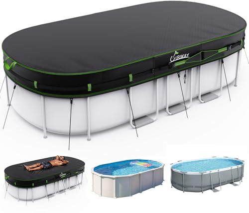UIRWAY 160 x 260 cm cubierta de piscina ovalada cubierta de invierno 420D lona de piscina resistente a los rayos UV con cordón y anclaje al suelo, resistente a la intemperie y al desgarro