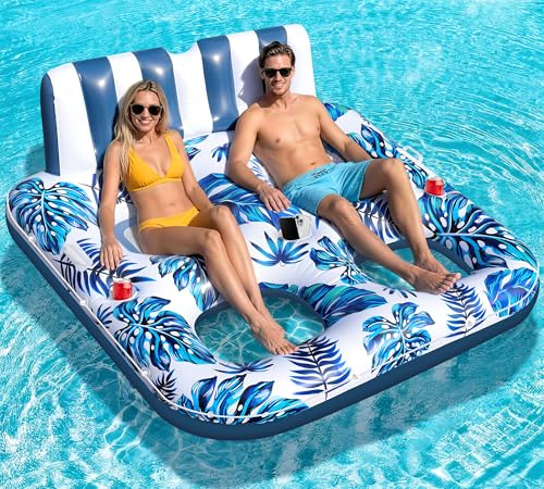 LuxBlue Pool Sessel Aufblasbar 2 Personen, Schwimmsessel für Pools Erwachsene mit Getränkehalter&Griff, Groß Pools Sitz Aufblasbar Luftmatratze Pool mit Netz, Urlaub Luftmatratze Wasser Erwachsene
