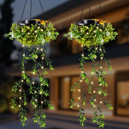 2 Pack Solar Hanging Garden Lights,Waterproof Fake Plants Lights for Garden | Solar Fairy String Lights for Patio Yard Porch Courtyard Wedding, Ornaments Outdoor Gifts for Women Mom Friends
