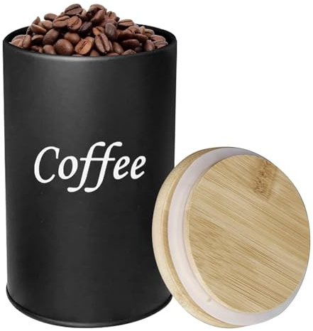 Bote Hermético para Café, Recipiente Café Molido, Tarro Café Hermético, Lata Metálica con Tapa de Madera, Bote para Granos, Cápsulas y Especias, Protección contra la Humedad y el Aroma, 9,5 x 14,3 cm