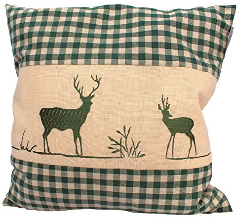myZirbe Zirbenkissen grün kariert mit Hirsch Stickerei befüllt mit Zirbenflocken aus Zirbenholz Größe 40x40 cm