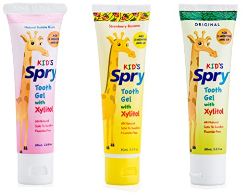 Spry Natural Xylitol Toothpaste for Baby, Toddler, Kids Age 3 Months Up - Fluoride Free Tooth Gel, Support Development of Emerging Teeth, Strawberry Banana, Bubblegum, Original, 2 Fl Oz (Pack of 3)