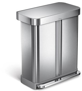 simplehuman CW2025 58L (34/24) Rectangular Recycling Kitchen Pedal Bin with Liner Pocket, Silent Soft Close Lid, Strong Wide Pedal, Fingerprint-Proof, Brushed Stainless Steel