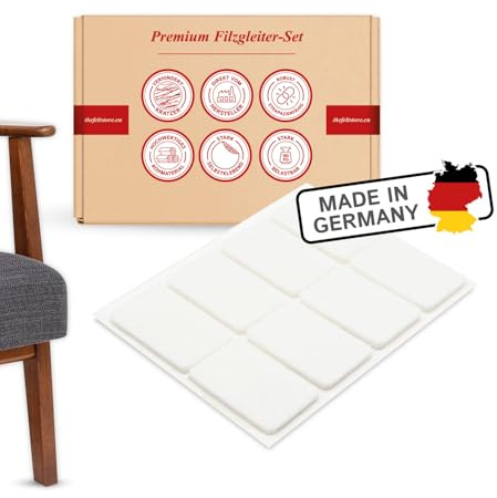 K.D.J. Brand Filzgleiter selbstklebend eckig in weiß 8 Stück, 36 x 22 mm, 3 mm dick, Möbelgleiter für schwere Möbel, Schutz für Parkett oder Laminat, für Möbelfüße, Stühle – Made in Germany