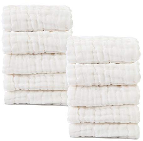 Baby Muslin Washcloths- Natural Cotton Wipes - Soft Newborn Face Towel for Sensitive Skin- Registry as Shower, 10 Pack 12x12 inches by MUKIN (White)
