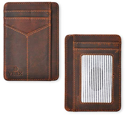 VBAX RFID Slim Wallet for Men Women, 8 Card Slot Leather Minimalist Front Pocket Credit Card Holders, Vintage Leather