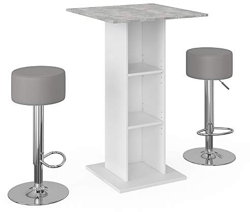 Vicco Bartisch-Set Rodeo, Bartresen und Hocker, Beton/Weiß, 70 x 70 cm mit 2 Barhockern