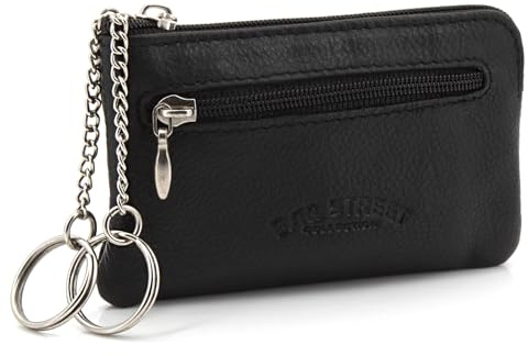 Leder Schlüsseltasche Schlüsseletui mit 2 Fächern für Geld Münzen – Schlüsselmäppchen mit 2 Ringen (Schwarz)