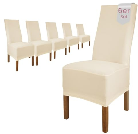 Scheffler Home Stuhlhussen Emma Natur 6er Set aus Jersey Baumwolle – Elastische Stuhlbezüge für Hochlehner und Polsterstühle, waschbar und formstabil, Oeko-TEX Zertifiziert