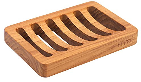 Slotted Soap Dish Teak Wood by HTB, Kitchen Wooden Sponge Holder, Self Draining Soap Dish for Shower, Sink, Bathroom, Bathtub, RV