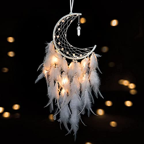 Traumfänger mit LED Licht Handgefertigt Mond Federn Dreamcatcher Weiß | Dremisland Boho Dekoration Federn Wandbehang Dekoration Macramé Children's Bedroom Accessories für Kinder Geschenk