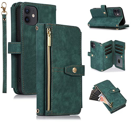UEEBAI Hülle für iPhone 12/12 Pro, Leder Klapphülle, Retro Grün | 9 Kartenfäche Lederhülle mit Umhängegurt Handschlaufe Ständer Reißverschluss Handyhülle Magnetverschluss Wallet Flip Case