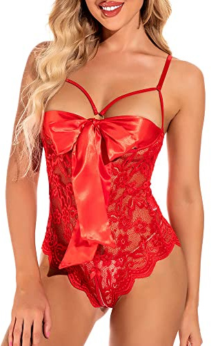 KOEMCY Lingerie Sexy Mujer Eróticos Body Encaje Transparente Lenceria Hot Tirantes Ajustables Conjunto Ropa Interior Picardias Camisón Elegante Diseño Lazo