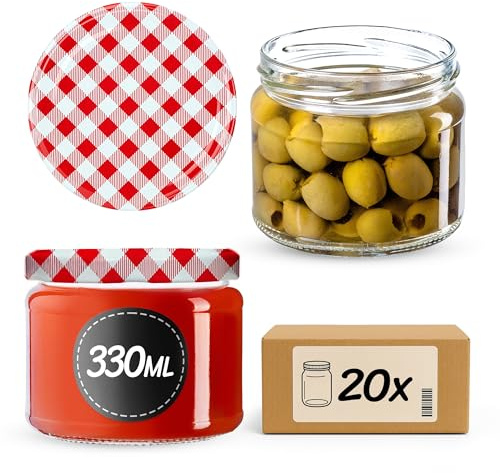 KADAX Set di 20 barattoli per marmellata da 330 ml, TO82, colore rosso, a quadretti, con coperchio a vite, ermetici, per miele e marmellate
