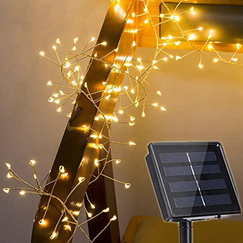 Solar Firecracker Lights,KINGCOO Waterproof 9.8ft/3M 100LED Copper Wire Cluster Fire Crackers Garland Fairy Lights 8Mode for Garden Bedroom Wedding Christmas Party Decorations(Warm White)