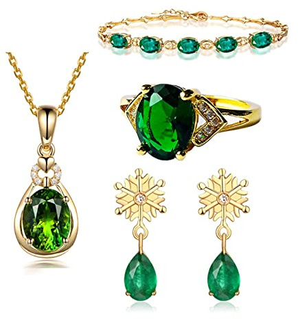 KnSam Schmucksets 5er, Anhänger Schneeflocke Frauen Halsketten, Verlobungsring Frau Vergoldet Ohrringe Boho Frauen Armbänder mit Zirkonia Grün - Grün