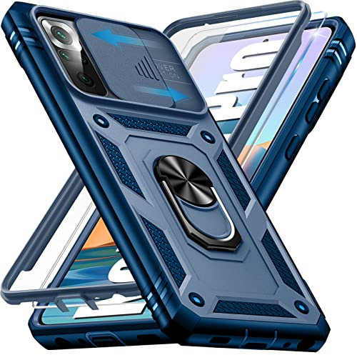 Giyer Handyhülle für Xiaomi Redmi Note 10 Pro Hülle mit Schutzfolie, Note 10 Pro Schutzhülle mit Kameraschutz 360° Drehbarer Metall Ring Ständer Stoßfest Note 10 Pro 6.67 Case Cover (Blau)